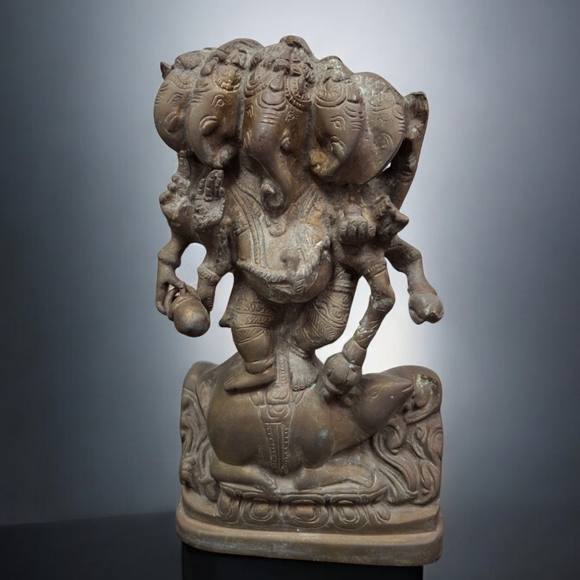Vintage Brass 5 Face Panchmukhi Ganesha Idol Starue Sculpture Hindu God Patina